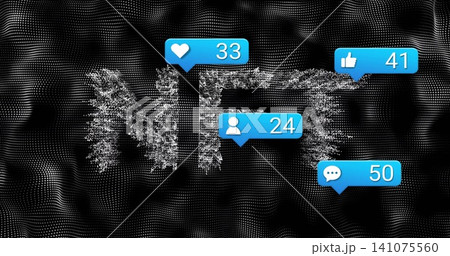 Forming white particle NFT text centered on black dotted wave, showing blue notification bubbles 141075560