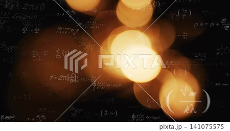 Glowing cluster of warm golden bokeh orbs centering on black backdrop, with equations and sketches Glowing cluster of warm golden bokeh orbs centering on black backdrop, with equations and sketches 141075575