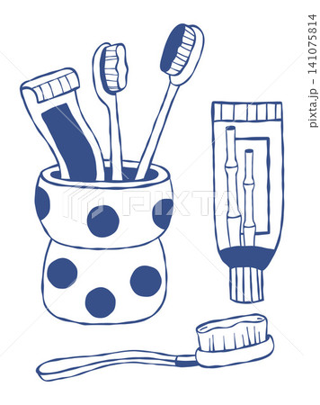 Eco Dental Care Set. Bamboo Toothbrushes in Polka Dot Cup and Toothpaste Tubes Hand Drawn. Zero Waste Bathroom Hygiene. Vector Illustration. Isolated Blue Line Art Element. 141075814