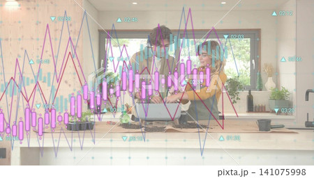 Repotting two women wearing casual aprons handling soil, pots at kitchen counter, with data overlay Repotting two women wearing casual aprons handling soil, pots at kitchen counter, with data overlay 141075998