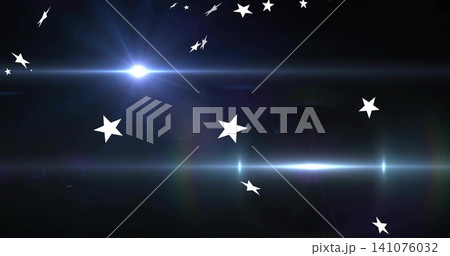 Glowing white five-point stars radiating across black backdrop with bluish flare and streaks Glowing white five-point stars radiating across black backdrop with bluish flare and streaks 141076032