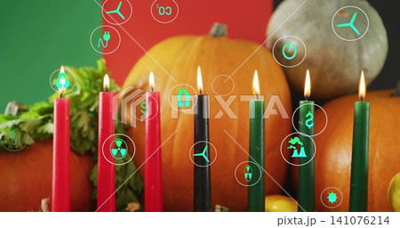 Displaying row of seven lit taper candles on tabletop, showing pumpkins, flames and teal overlays Displaying row of seven lit taper candles on tabletop, showing pumpkins, flames and teal overlays 141076214