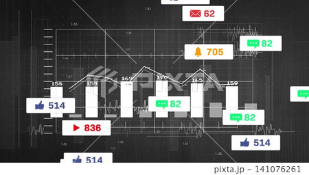 Displaying data chart on dark screen showing seven white bars and line, trace, notification badges Displaying data chart on dark screen showing seven white bars and line, trace, notification badges 141076261