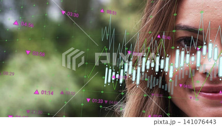 Gazing mid adult woman studying candlestick overlays in park, with green trend lines, copy space 141076443