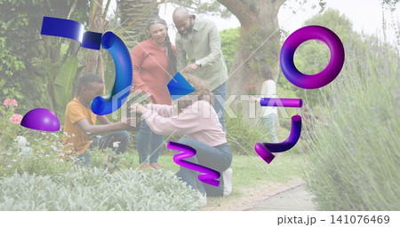 Kneeling woman wearing pink reaching toward child holding plant pots on lawn, with purple 3D shapes 141076469