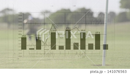 Displaying faint bar line chart overlaying fairway, showing flagstick, blurred man in dark cap coat Displaying faint bar line chart overlaying fairway, showing flagstick, blurred man in dark cap coat 141076563