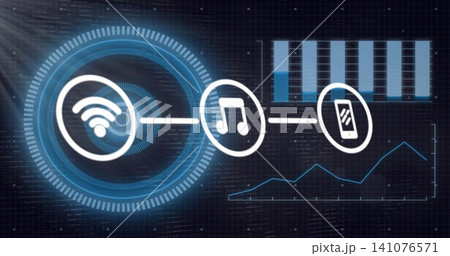 Displaying WiFi, music, phone chain with links on holographic HUD, showing radial rings and charts Displaying WiFi, music, phone chain with links on holographic HUD, showing radial rings and charts 141076571