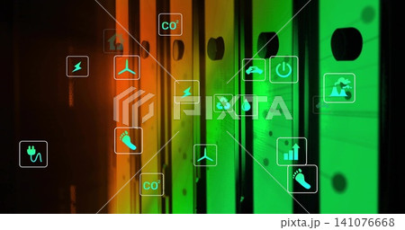 Showing metal rack panels in data center bay, displaying energy icons and orange-green light 141076668