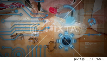 Pouring pair hands adding liquid into bowl on kitchen counter wearing light tops, cutters AR HUD Pouring pair hands adding liquid into bowl on kitchen counter wearing light tops, cutters AR HUD 141076805