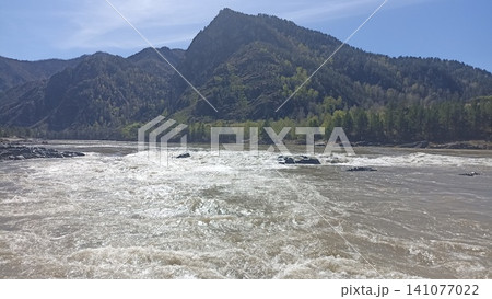 A breathtaking landscape featuring a powerful, muddy river cascading through a rugged mountain valley under a bright, cloudless sky. Ideal for travel brochures, outdoor adventure blogs, and tourism. 141077022