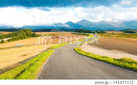 夏の終わりの北海道美瑛町の丘の上から見た十勝岳連峰と先に続く道 夏の終わりの北海道美瑛町の丘の上から見た十勝岳連峰と先に続く道 141077172
