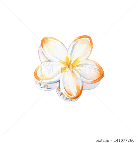 Watercolor illustration of a plumeria flower hair clip. An isolated tropical frangipani flower is hand-drawn. A women's hair accessory for relaxation, beach, travel, and vacation. Suitable for design  141077260