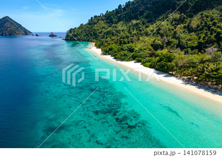 Aerial view of tropical landscape over Madam Beach at Nyaung Oo Phee Island in Myanmar 141078159