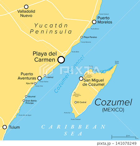 Cozumel, island in the Riviera Maya region of Mexico, political map. Island in the Caribbean Sea off the coast of Yucatan Peninsula, separated by Cozumel Channel, opposite of Playa del Carmen. Vector Cozumel, island in the Riviera Maya region of Mexico, political map. Island in the Caribbean Sea off the coast of Yucatan Peninsula, separated by Cozumel Channel, opposite of Playa del Carmen. Vector 141078249