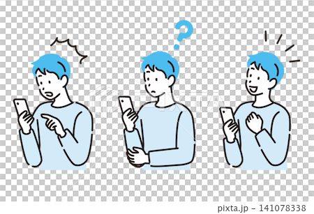 Three facial expressions of a man using his smartphone Three facial expressions of a man using his smartphone 141078338
