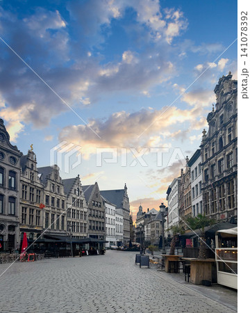 Antwerp Belgium city skyline. Medieval guildhouses on Grote Markt square or Great Market square Antwerp Belgium city skyline. Medieval guildhouses on Grote Markt square or Great Market square 141078392