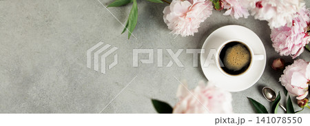Morning Coffee with Peonies on Light Stone Background 141078550