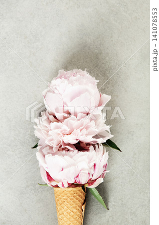 Peony Ice Cream Cone on Stone Background 141078553
