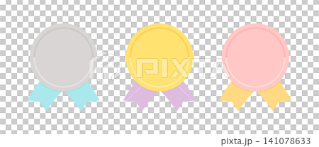 リボン付きのかわいいパステルカラーのバッジのイラスト - シンプルでおしゃれな装飾アイコン3色セット リボン付きのかわいいパステルカラーのバッジのイラスト - シンプルでおしゃれな装飾アイコン3色セット 141078633