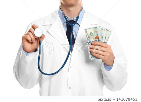 Doctor with bribe and stethoscope on white background, closeup. Corruption in medicine 141079453