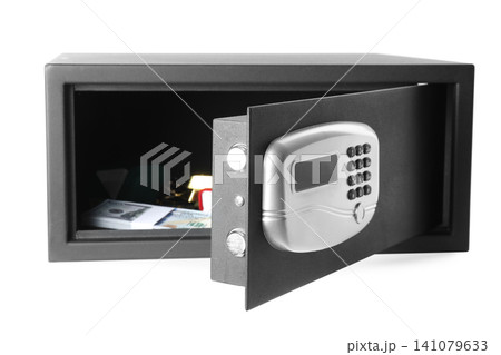 Open steel safe with money and jewelry isolated on white Open steel safe with money and jewelry isolated on white 141079633