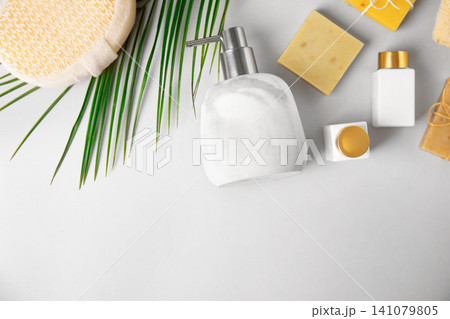 Flat lay composition with marble soap dispenser on white background. Space for text Flat lay composition with marble soap dispenser on white background. Space for text 141079805