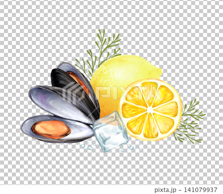 Seafood mussels with lemon and ice hand-drawn illustration 141079937