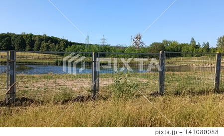 A sunny landscape showing a calm pond behind a metal mesh fence, with dry golden grass in the foreground. A sunny landscape showing a calm pond behind a metal mesh fence, with dry golden grass in the foreground. 141080088