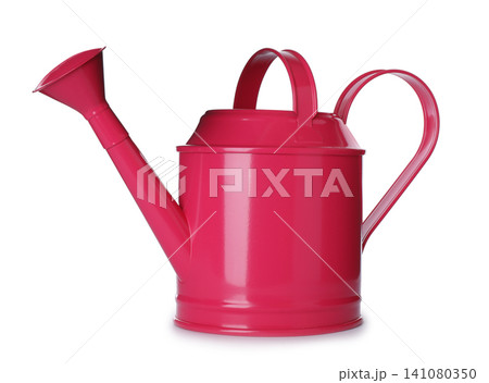Pink metal watering can isolated on white 141080350