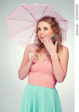 Thinking, fashion and wow with woman in vintage aesthetic in studio background with surprise. Creative, style and girl with ideas for clothes in mockup space with retro makeup for unique character 141080493