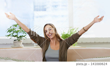 Excited, new home and portrait of woman on sofa with open arms for property, purchase and mortgage. Happy, smile and person on couch in apartment, house and living room for weekend, relax and fun Excited, new home and portrait of woman on sofa with open arms for property, purchase and mortgage. Happy, smile and person on couch in apartment, house and living room for weekend, relax and fun 141080624