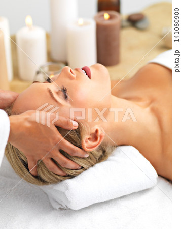 Resort, spa or candle in head, massage or self care to relax, wellness or mental health as luxury. Retreat, woman or hand in therapy, zen or clinic as chakra, salon or peace of cosmetology table Resort, spa or candle in head, massage or self care to relax, wellness or mental health as luxury. Retreat, woman or hand in therapy, zen or clinic as chakra, salon or peace of cosmetology table 141080900