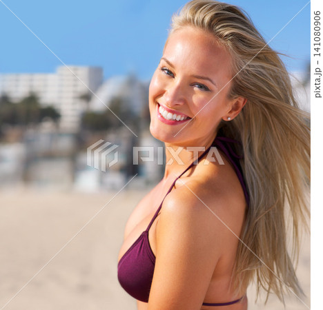 Beach, portrait and happy woman in swimsuit for travel, holiday and summer vacation in Maldives. Bikini, smile and face of female person for relax, outdoor adventure or tourist getaway at seashore Beach, portrait and happy woman in swimsuit for travel, holiday and summer vacation in Maldives. Bikini, smile and face of female person for relax, outdoor adventure or tourist getaway at seashore 141080906