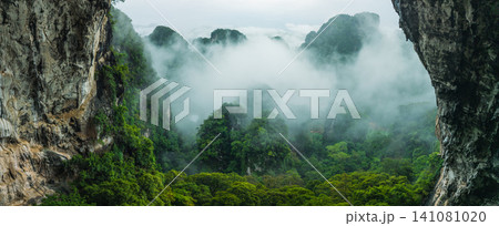 Breathtaking View from a Cave Overlooking Misty Limestone Mountains for Eco-Tourism Breathtaking View from a Cave Overlooking Misty Limestone Mountains for Eco-Tourism 141081020