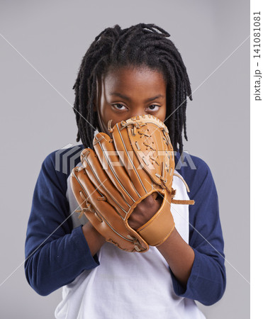 Sports, baseball and portrait of boy with glove on gray background for training, practice and match. Fitness, youth and young child with equipment for exercise, playing games and pitch in studio Sports, baseball and portrait of boy with glove on gray background for training, practice and match. Fitness, youth and young child with equipment for exercise, playing games and pitch in studio 141081081