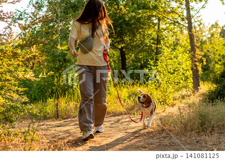 Young Woman Walking Beagle Along Forest Trail Young Woman Walking Beagle Along Forest Trail 141081125