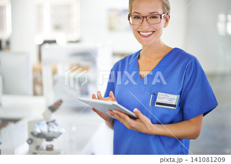 Medical, research and portrait of woman with tablet in laboratory with development in biotechnology. Doctor, typing or check results online of pharmaceutical report or review of innovation in science 141081209