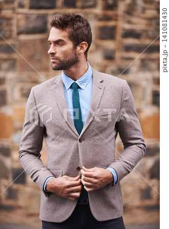 Businessman, thinking and planning for career or corporate, choice and entrepreneur in wall. Business person, professional and outdoor for fresh air, sales consultant and idea for startup project 141081430