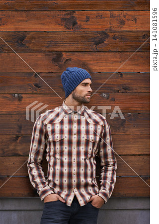 Fashion, man and thinking on wooden wall outdoor for trendy, cool and style for urban with idea. Male person, choice and planning for weekend or holiday with winter outfit and stylish in Germany Fashion, man and thinking on wooden wall outdoor for trendy, cool and style for urban with idea. Male person, choice and planning for weekend or holiday with winter outfit and stylish in Germany 141081596
