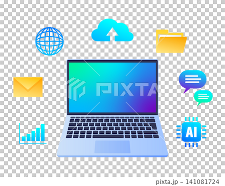 An illustration of a computer surrounded by icons such as cloud and AI. An illustration of a computer surrounded by icons such as cloud and AI. 141081724