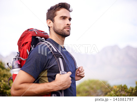 Man, hiking and mountain for fitness, health and wellness with view and nature. Athlete, exercise and adventure with summer, sunshine and backpack journey on cape town trail with travel and vacation Man, hiking and mountain for fitness, health and wellness with view and nature. Athlete, exercise and adventure with summer, sunshine and backpack journey on cape town trail with travel and vacation 141081797