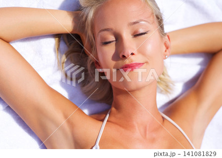Summer, tanning and woman in holiday to relax and bikini for vacation, break and peace to rest. Adult, girl and female person in Brazil for happiness, tropical and sunshine on body and outdoor Summer, tanning and woman in holiday to relax and bikini for vacation, break and peace to rest. Adult, girl and female person in Brazil for happiness, tropical and sunshine on body and outdoor 141081829
