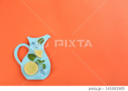 Creative lemonade layout with lemon slices, mint and ice cubes on coral background, top view 141081905