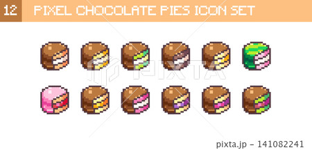 Pixel Art Chocolate Pies Icon Set. 8bit Cute Layered Cake Slices with Cream, Matcha, Strawberry and Caramel, Retro Bakery Stickers and Sprites 141082241
