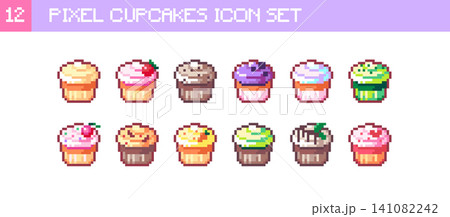 Pixel Art Cupcakes Icon Set. 8bit Cute Frosted Muffins with Cream, Cherry, Berry and Chocolate, Retro Bakery Stickers, Sprites and Badges 141082242