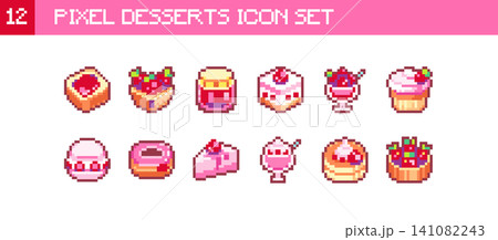 Pixel Art Desserts Icon Set. 8bit Cute Cakes, Cupcake, Donut, Macaron, Parfait and Sweet Bakery Food, Retro Stickers, Sprites and Badges 141082243