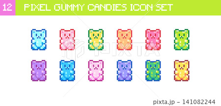 Pixel Art Gummy Candies Icon Set. 8bit Cute Colorful Jelly Bear Sweets, Kawaii Candy Stickers, Retro Arcade Sprites and Badges Pixel Art Gummy Candies Icon Set. 8bit Cute Colorful Jelly Bear Sweets, Kawaii Candy Stickers, Retro Arcade Sprites and Badges 141082244