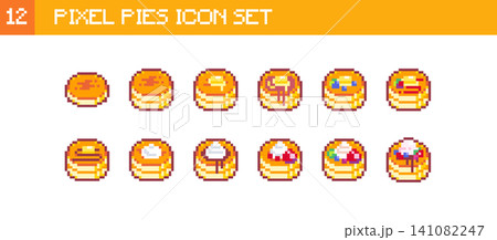 Pixel Art Pancakes Icon Set. 8bit Cute Breakfast Stacks with Syrup, Butter, Cream and Berries, Retro Food Stickers, Sprites and Badges Pixel Art Pancakes Icon Set. 8bit Cute Breakfast Stacks with Syrup, Butter, Cream and Berries, Retro Food Stickers, Sprites and Badges 141082247