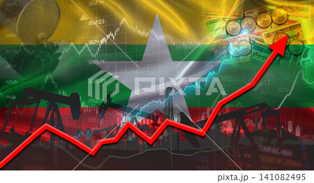 Growth of oil industry with Burmese flag. Oil production with Burmese flag, Oil pumps with Burmese flag Growth of oil industry with Burmese flag. Oil production with Burmese flag, Oil pumps with Burmese flag 141082495