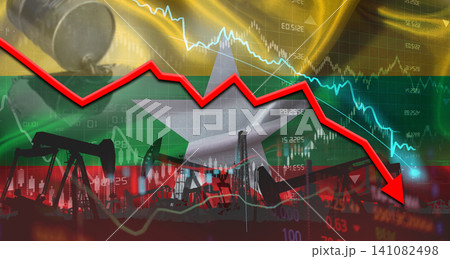 Fall oil price with Burmese flag on economic chart. Petrol crisis with Myanmar flag on financial graph Fall oil price with Burmese flag on economic chart. Petrol crisis with Myanmar flag on financial graph 141082498